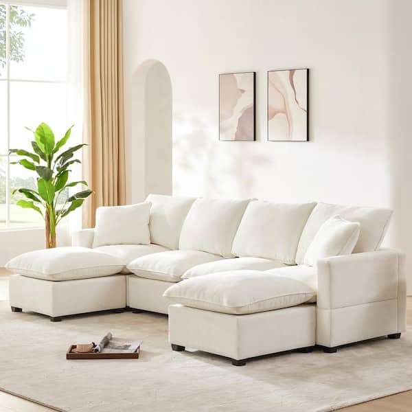 Harper & Bright Designs 110 in. Straight Arm Chenille U-Shape Sectional Sofa in White with 2 Pillows, 2 Ottomans, Freely Combinable Seats