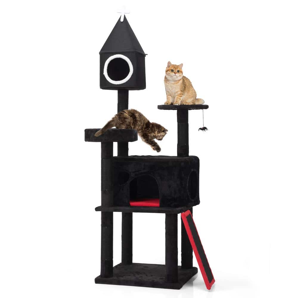 64-Inch Gothic Black and Red Cat Tree Tower with Sisal Scratching Post