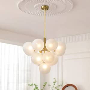13-Light Brass and White Bubble;Island Circle;Cluster;Globe;Tiered Chandelier for Dining Room with Ribbed Glass