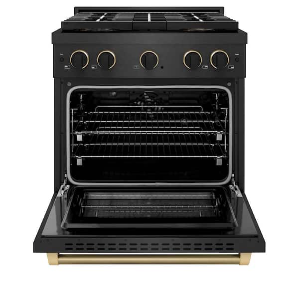 Designer 30 in. 4.2 cu. ft. Dual Fuel Range with 4 Burner DuoPro Cooktop in Black Satin with Black and Champagne Accents