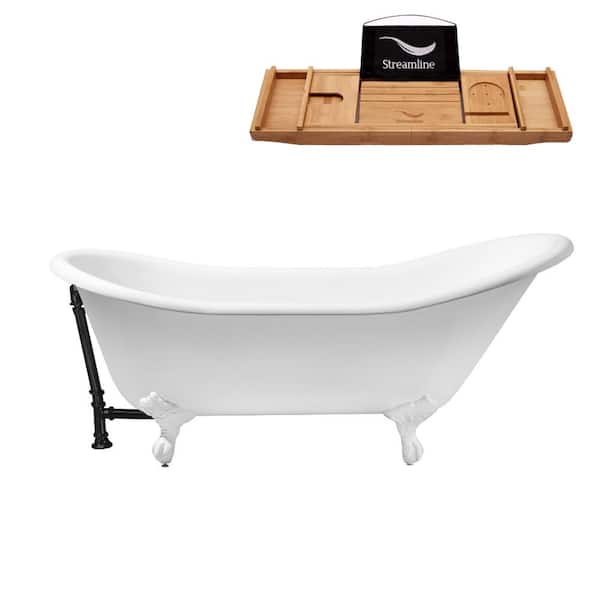 67 in. Cast Iron Clawfoot Non-Whirlpool Bathtub in Glossy White with Matte Black Drain and Glossy White Clawfeet