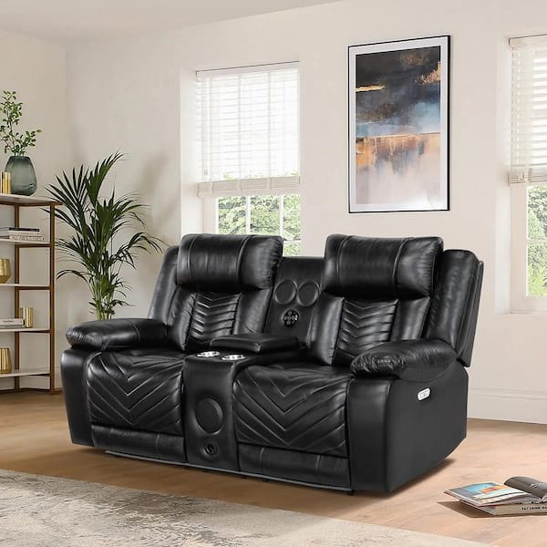 Durant 78 in. W Black Faux Leather Power Double Reclining 2-Seater Loveseat with Center Console