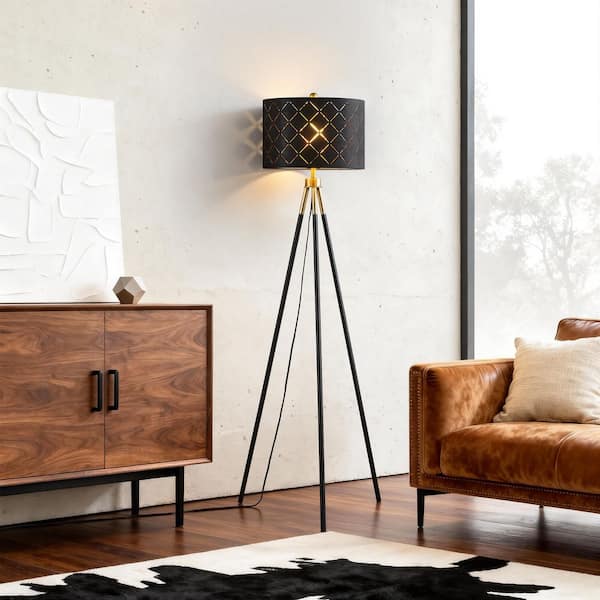 KAWOTI 62 in. Black and Brushed Gold Modern 1-Light Tripod Floor
