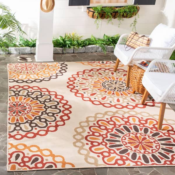 Veranda Cream/Red 8 ft. x 8 ft. Geometric Floral Indoor/Outdoor Patio  Square Area Rug
