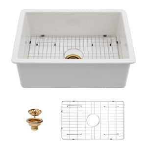 27 in. Farmhouse/Apront-Front Single Bowl Glossy White Ceramic Kitchen Sink with Bottom Grid