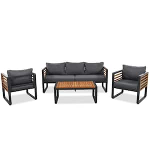 4-piece Metal and Acacia Wood Outdoor Furniture Sectional Sofa Set with Removable Gray Cushions