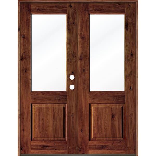 Krosswood Doors 72 in. x 96 in. Rustic Knotty Alder Wood Clear Half-Lite Red Chestnut Stain Left Active Double Prehung Front Door