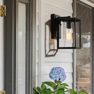Craftsman Rectangle Porch Outdoor Wall Sconce 1-Light Black Industrial Patio Outdoor Wall Light with Seeded Glass Shade