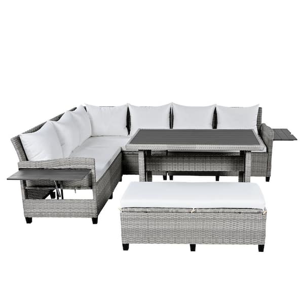 Gray 5-Piece Sectional Wicker Patio Conversation Sofa Set with 2-Extendable Side Tables, Dining Table and White Cushions