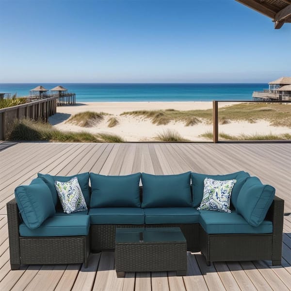 Zeus & Ruta 7-Piece Wicker Outdoor Rattan Sectional Sofa Set with Table and Peacock Blue Cushions for Backyard