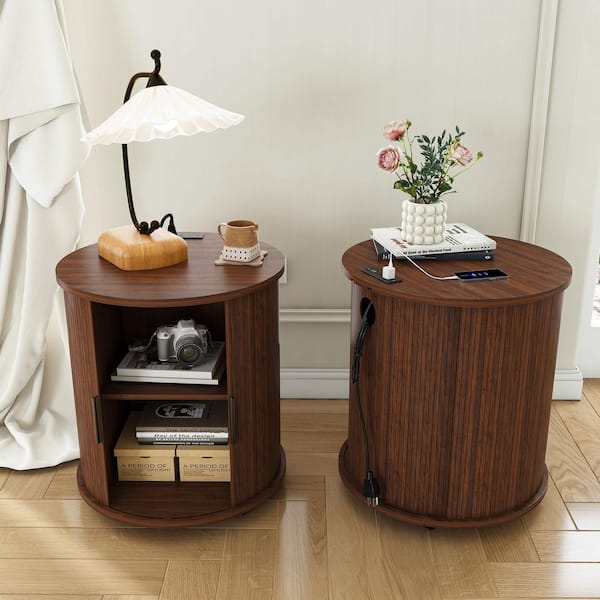Forrest Modern Walnut MDF Wood Cylinder Bedside Table Nightstand with Sliding Door, 2-Tier Storage (Set of 2)