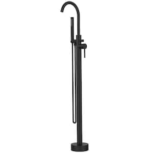 Single-Handle High Arc Floor-Mount Roman Tub Faucet with Hand Shower in Matte Black