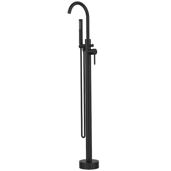 Unbranded Single-Handle High Arc Floor-Mount Roman Tub Faucet with Hand Shower in Matte Black