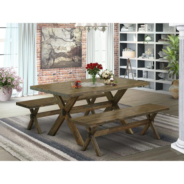 East West Furniture 3-Piece Rectangle Distressed Jacobean Finish Solid Wood Top Dining Table with 2-Benches with Backless