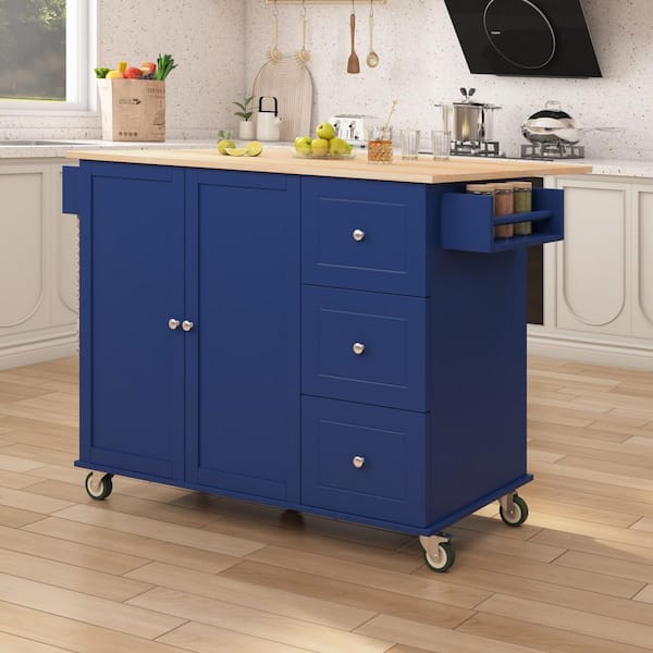 Rolling Blue Drop Leaf Wood Top 53 in. Kitchen Island Cart with Adjustable Shelves, 3 Storage Drawers