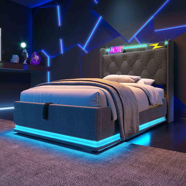 Polibi Gray Wood Frame Twin Size Linen Upholstered Platform Bed with 360 Surround LED Function and USB Type-C charging