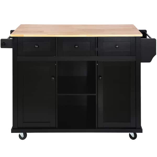 Tileon Black Rubber Wood 53.1 in. Kitchen Island with Drop Leaf Top 3 Drawers and Storage Cabinet