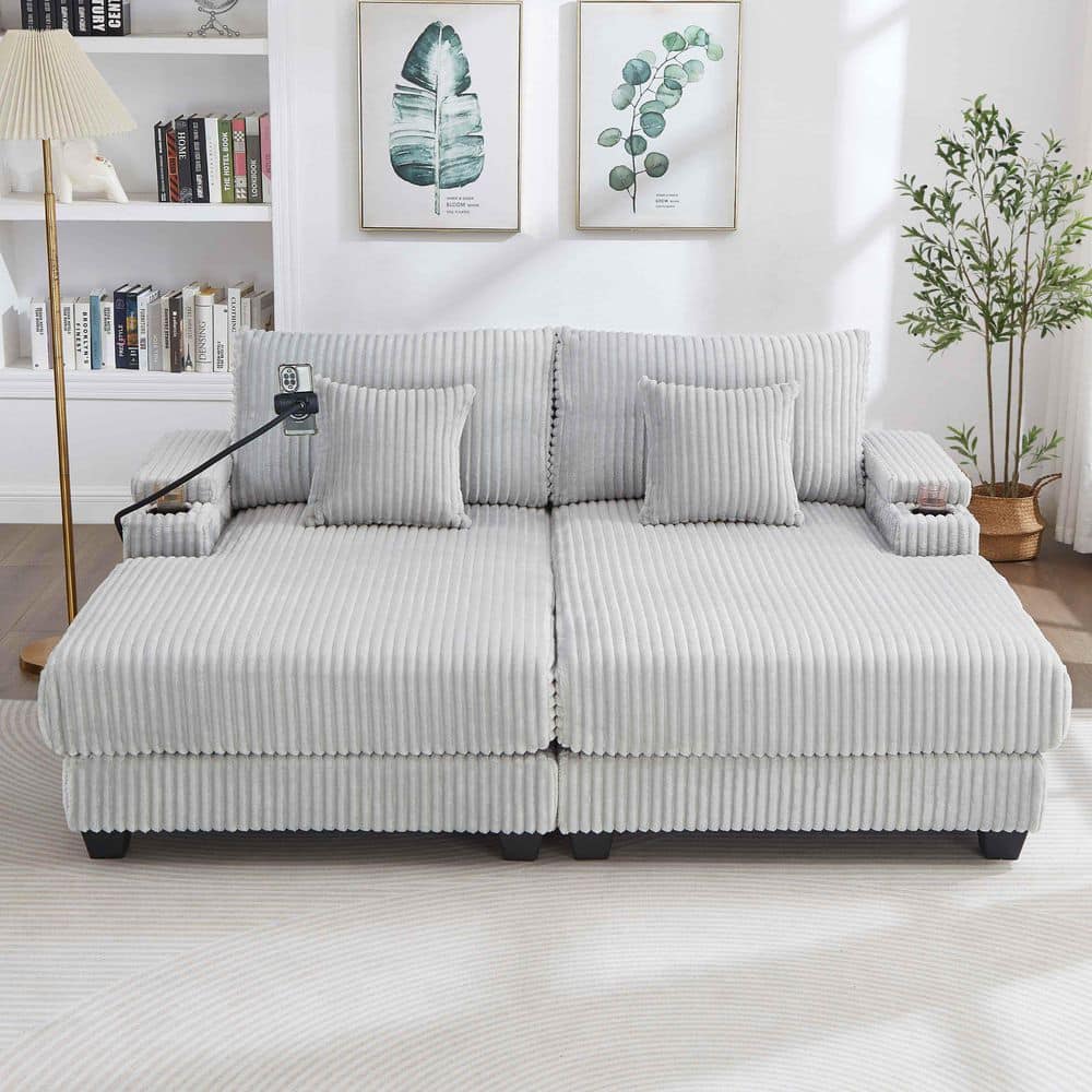 75.5 in. Square Arm Corduroy Rectangle Sofa with Cup Holders in Light Gray (Seats 3) price history on PriceWatchPro