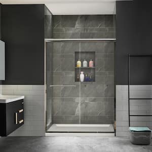 54 in. W x 72 in. H Sliding Semi-Frameless Shower Door in Brushed Nickel Finish with Clear Glass