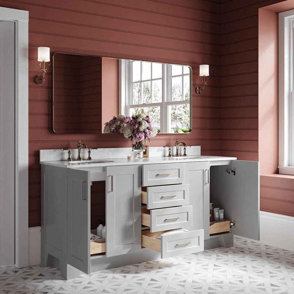 Gray Double Freestanding Vanity with Carrara Marble Top