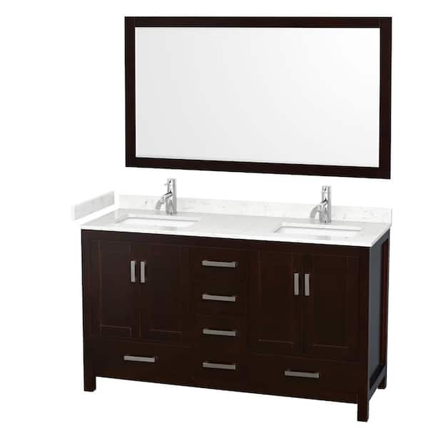 Wyndham Collection Sheffield 60 in. W x 22 in. D x 35 in. H Double Bath Vanity in Espresso with Carrara Cultured Marble Top and 58" Mirror