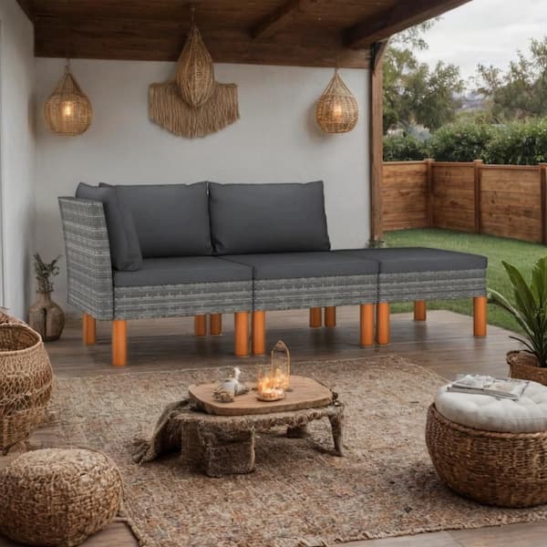 Benjara Reem Brown 3-Piece Wicker Rattan Outdoor Sofa Sectional Set with Gray Cushion