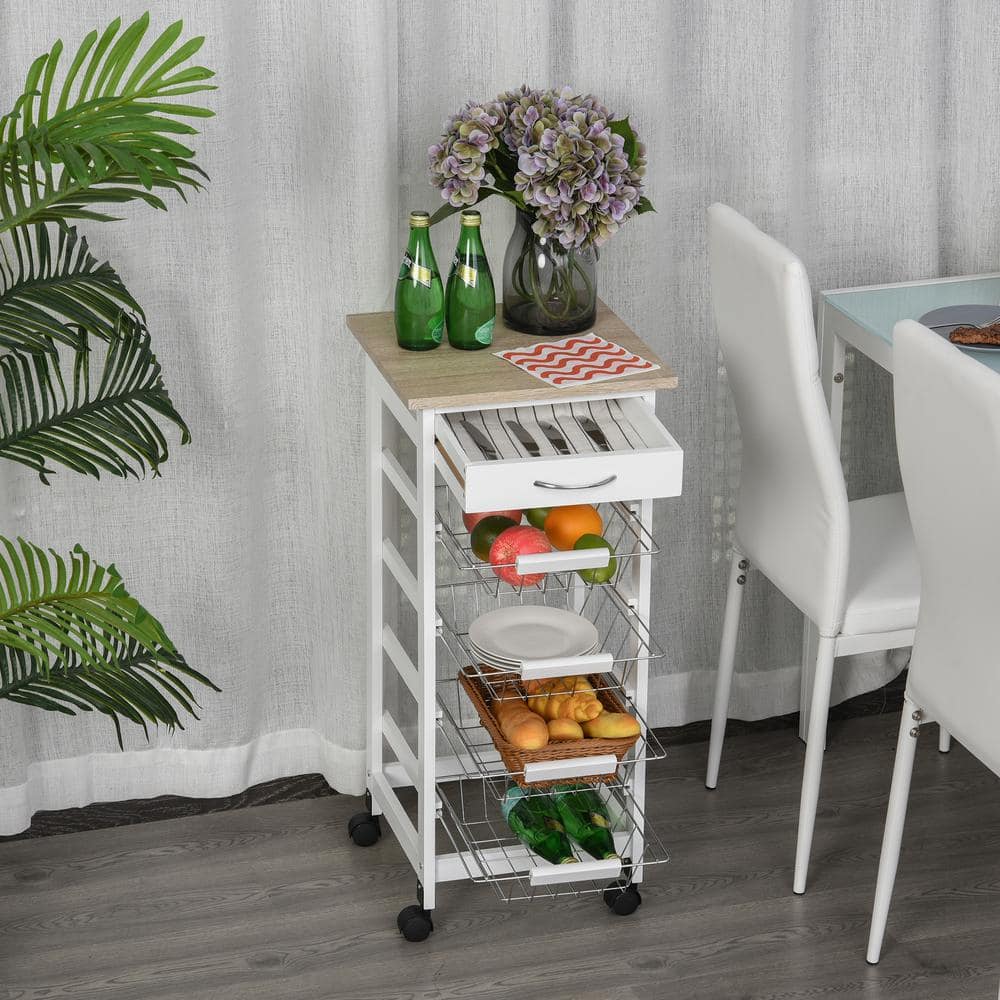White Wood Kitchen Cart with Storage and Spice Rack