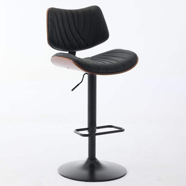 Black Faux Leather Walnut Bentwood 360° Swivel Adjustable Height Bar Stool with Ergonomic Backrest, Set of 1