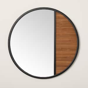 32 in. W x 32 in. H Round Wooden Slat Wall Mirror, Black