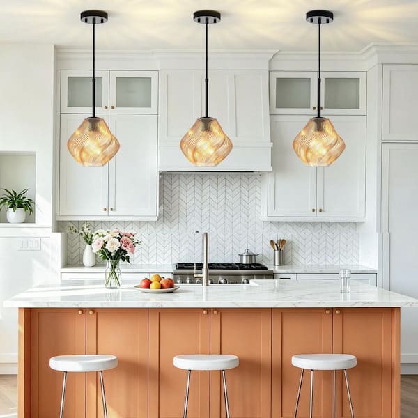 RayHome 9.05 in. 1-Light Modern Black Industrial Pendant Light with Amber Spiral Glass Shade for KitchenIsland Bedroom