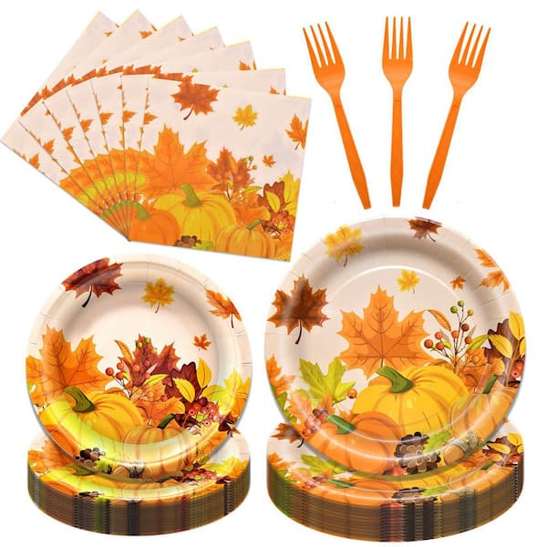 96-Piece Orange Fall Harvest Disposable Tableware Set with Plates, Napkins, Forks for Thanksgiving, Autumn Celebrations
