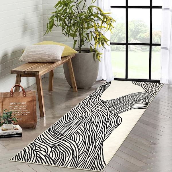 Black/ White 2*6ft Modern Abstract Rug Washable Carpet Living Room Carpet Soft Non-slip Imitation Cashmere Rug
