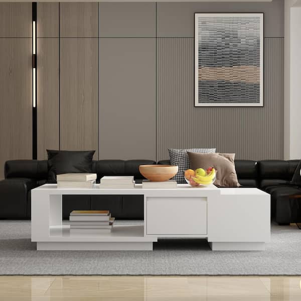 FUFU&GAGA 47.2 in. W White Rectangle Particle Board Wooden Coffee Table with 3 Drawers, Adjustable Length & Adjustable Open Shelf
