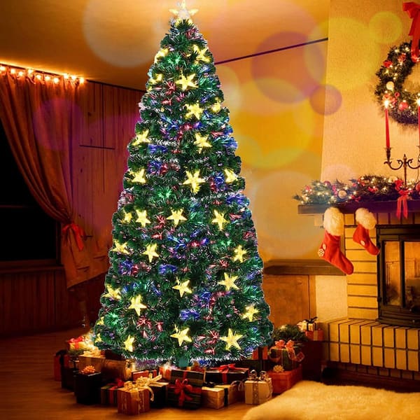 7 ft. Outdoor Indoor Pre-lit Christmas Tree with Multi-Color Optical Fiber Lights, Metal Stand for Holiday Decoration