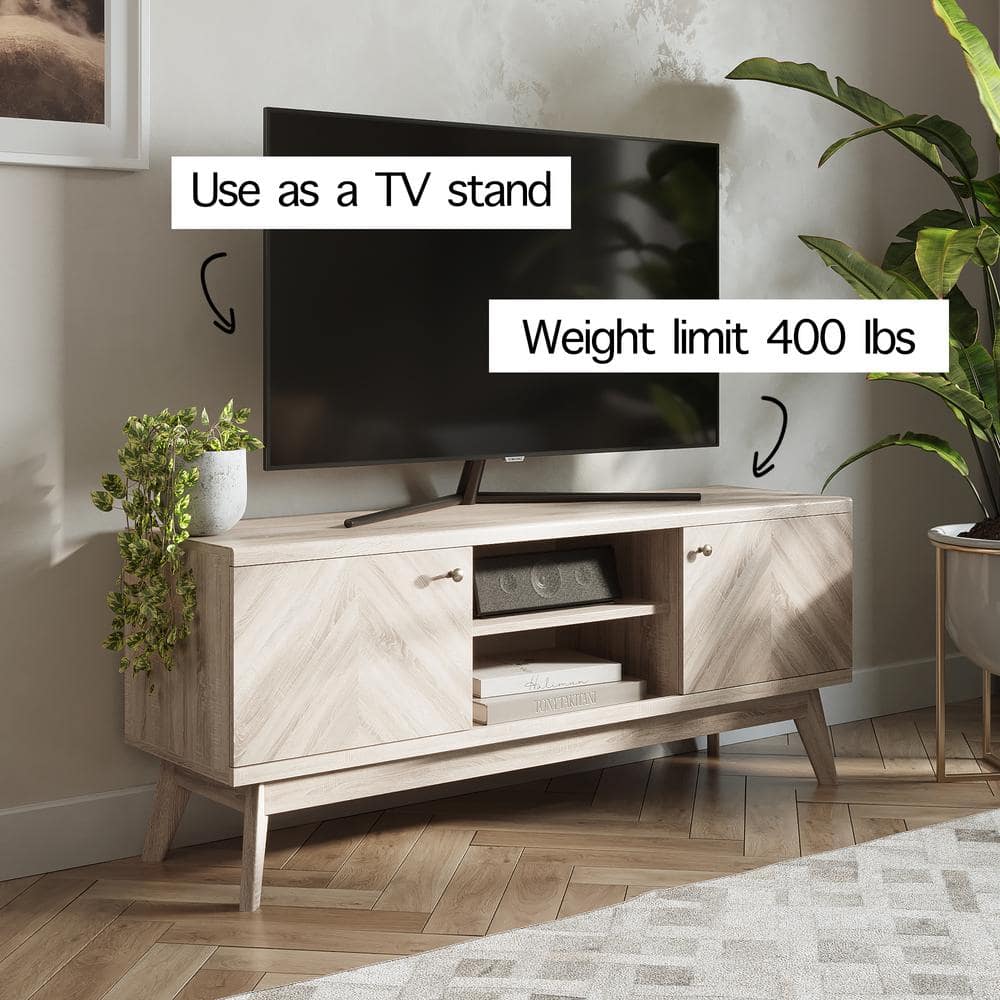 Beige 58" Herringbone MDF TV Stand with Wooden Legs