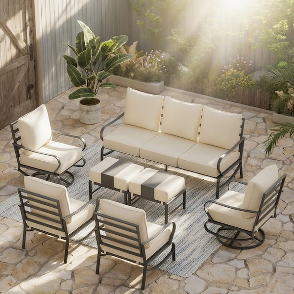 ELPOSUN Black 7-Piece Metal Outdoor Patio Conversation Set 9-Seat seating Set with Beige Cushions, 2 Swivel Chairs, 2 Ottomans