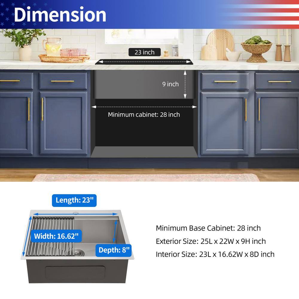 25'' Stainless Steel Drop-In Single Bowl Kitchen Sink with Accessories