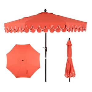 Tracy 9 ft. Scalloped Fringe Market Patio Umbrella with Auto-Tilt, Crank, Wind Vent and UV Protection in Coral Red/White