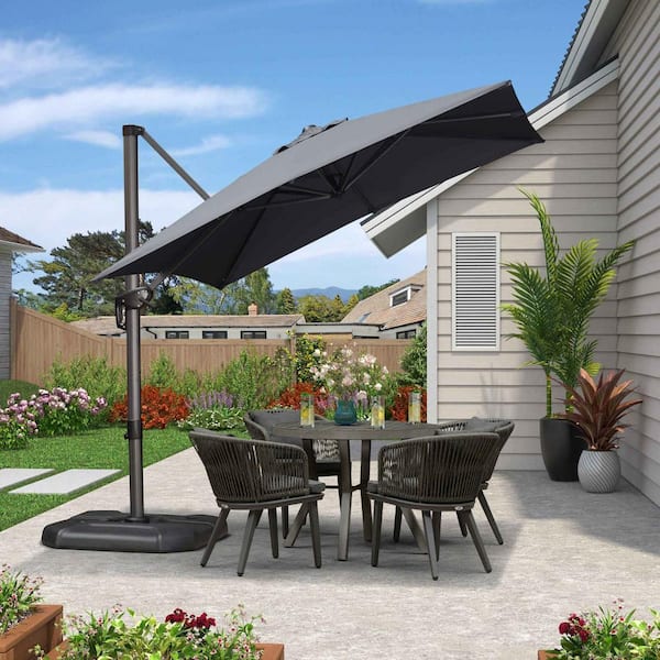 PURPLE LEAF 8 ft. Square Aluminum Outdoor Patio Cantilever Umbrella Offset 360° Rotation Umbrella with Base, Gray