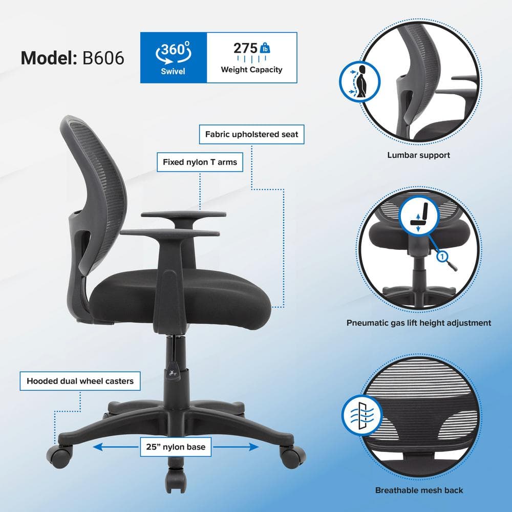 Black Mesh Task Chair with Fixed T-Arms and Lumbar Support