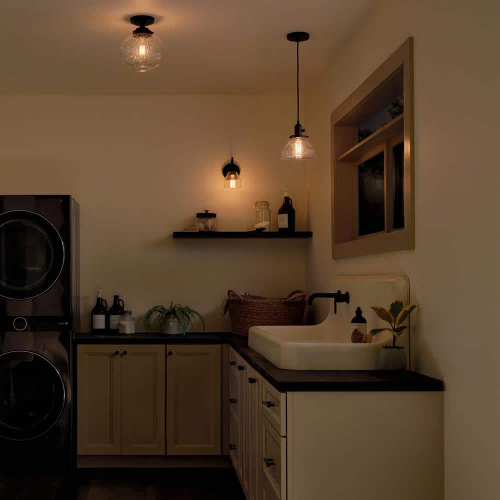 Black Semi-Flush Mount Light with Clear Seeded Glass Shade