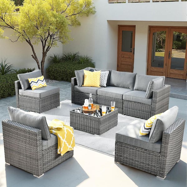 HOOOWOOO Messi Gray 7-Piece Wicker Outdoor Patio Conversation Sectional Sofa Set with Dark Gray Cushions