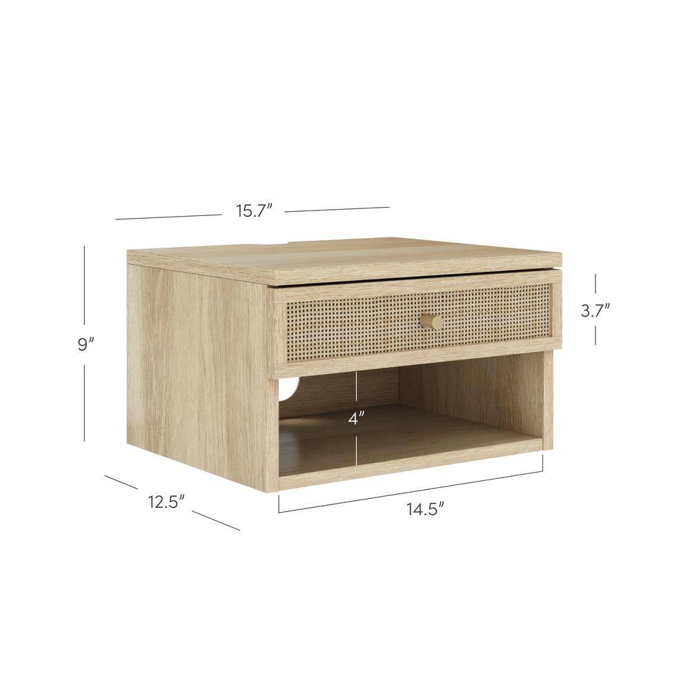 Light Oak and Rattan Floating Nightstands with Drawer, Set of 2