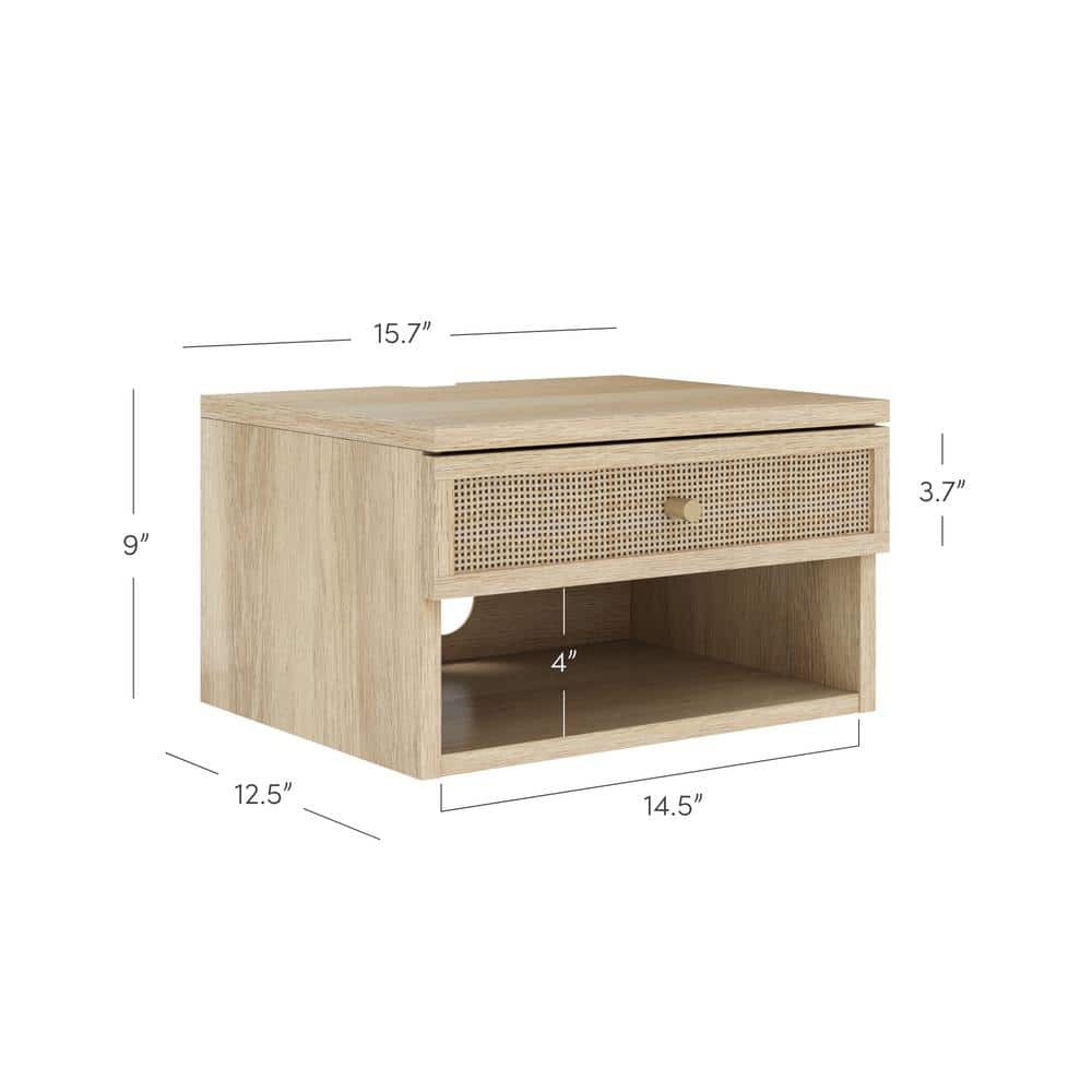 Light Oak and Rattan Floating Nightstand with Brass Knob