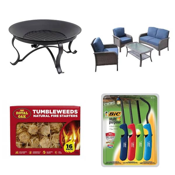 29.33 in. Fire Pit, 4-Seat Patio Set with Cushions, Fire Starter (16-Pack) and Multi-Purpose Lighter (4-Pack) Combo