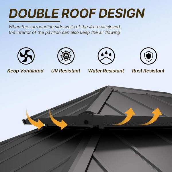 Halmuz 12 ft. x 16 ft. Gray Hardtop Gazebo with Curtain Navy Blue