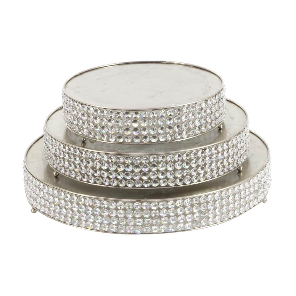 Silver Encrusted Iron Cake Stands with Crystal Beads, Set of 3