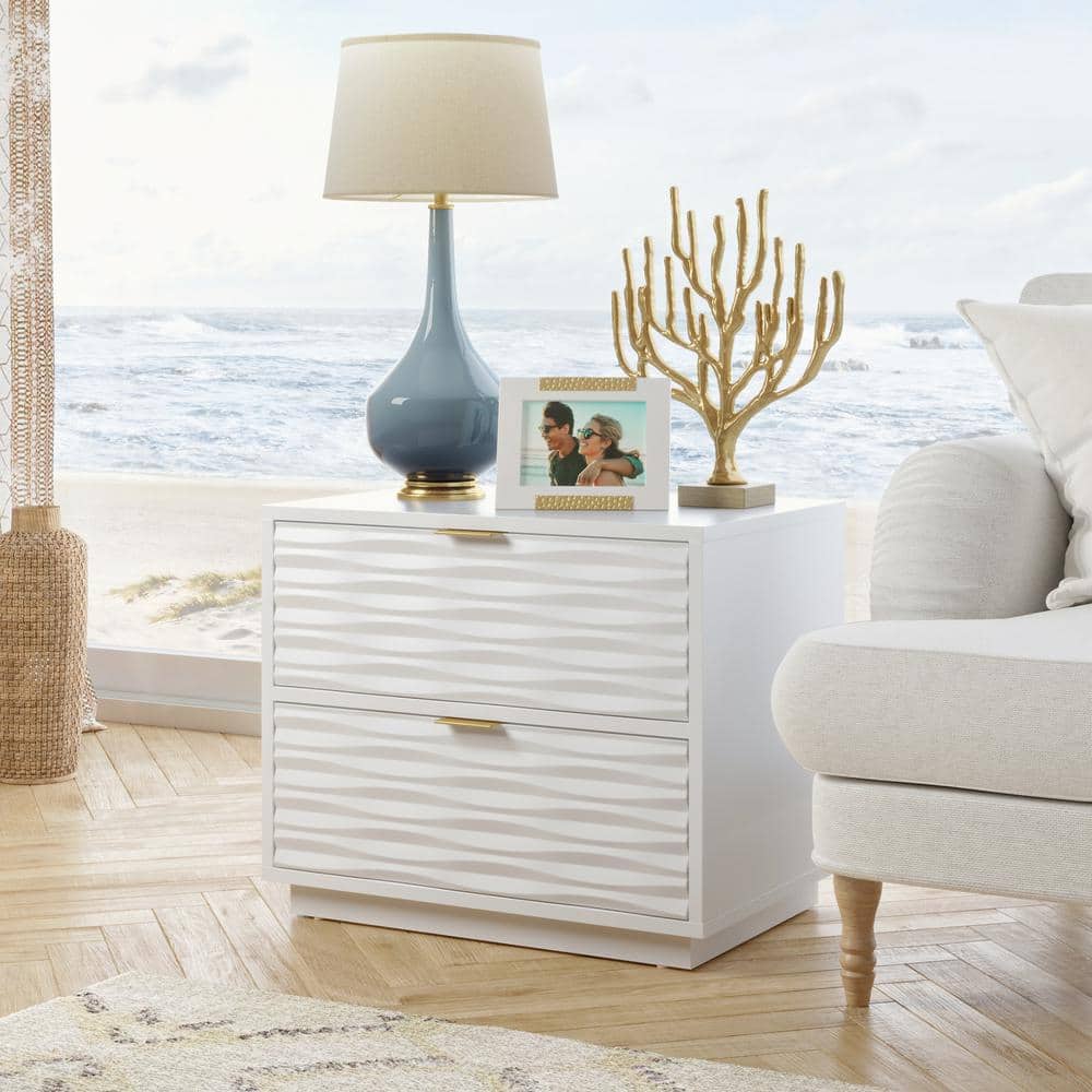 Coastal Wave White Engineered Wood Nightstand with Gold Hardware