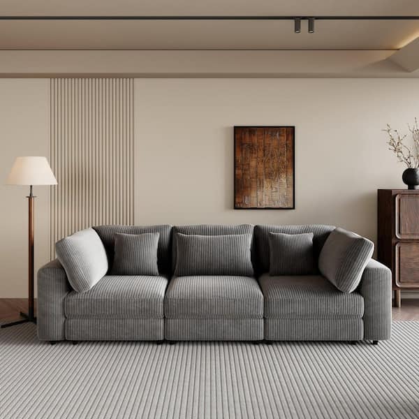 105 in. Square Arm Soft and Elegant Corduroy Rectangle Sofa in. Gray with Removable Back Cushions and 5 Pillows