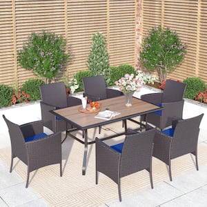 Black 7-Piece Metal Patio Outdoor Dining Set with Wood-Look Umbrella Table and Rattan Chairs with Blue Cushion